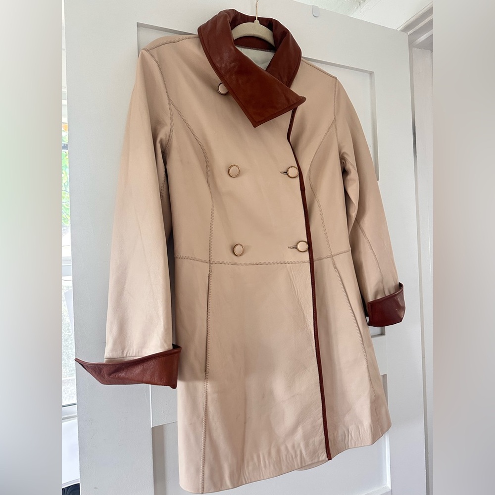 Cream Leather Trench Coat with Brown Trim